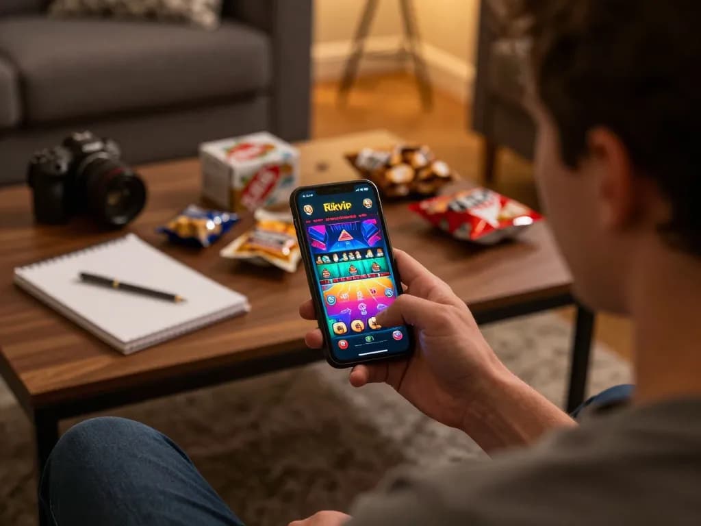Engaging in rikvip online gaming with a smartphone, emphasizing relaxed strategic gambling.