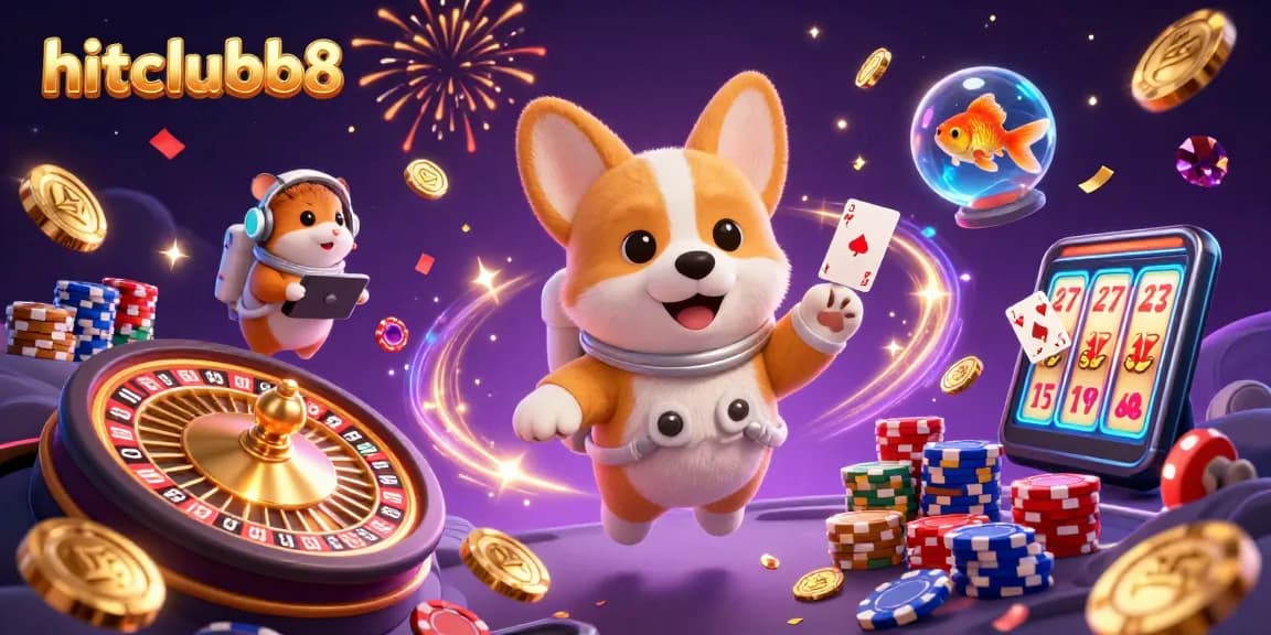 Join the fun in hitclubb8's space casino with floating chips and a cheerful corgi!