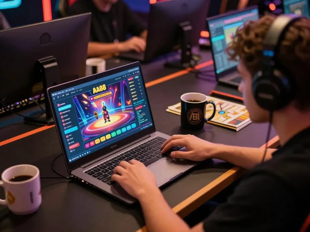 Player engaging in online casino game aa88 with focused concentration at stylish setup