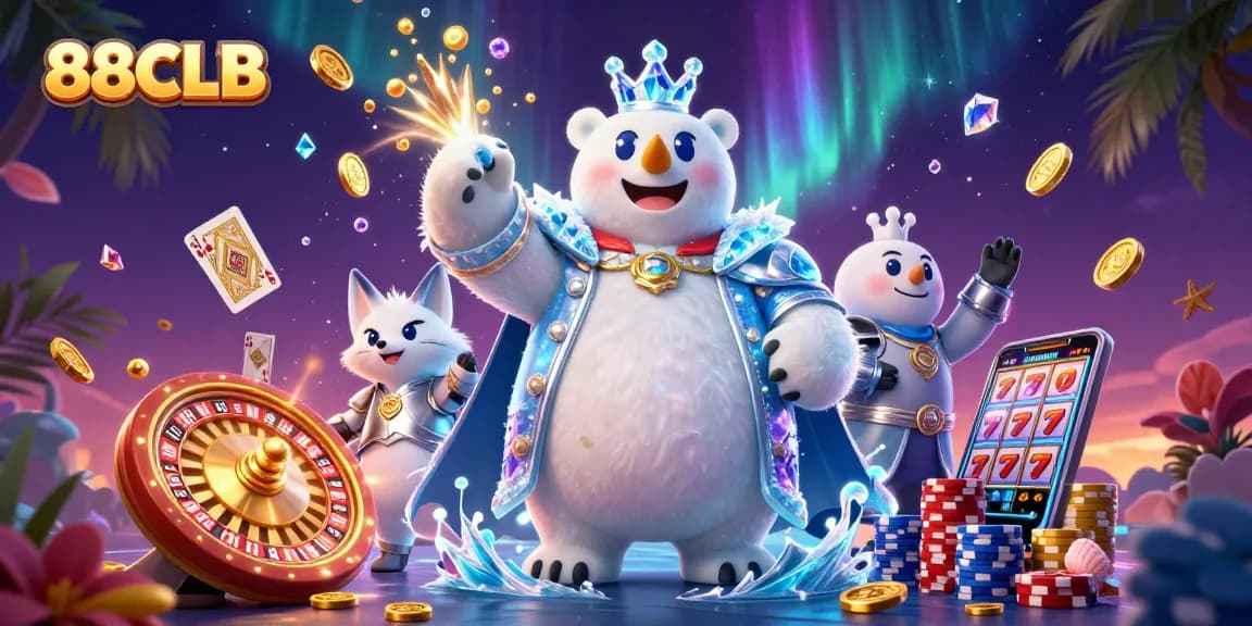 Engage with 88CLB's vibrant casino experience featuring a polar bear and snow fox amid dazzling gaming elements.