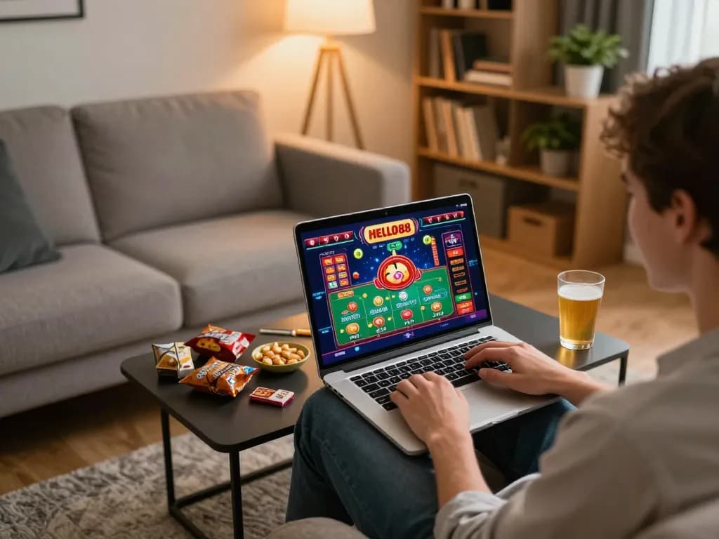 Person engaging with HELLO88 casino platform on a laptop, showcasing a cozy home gambling environment.