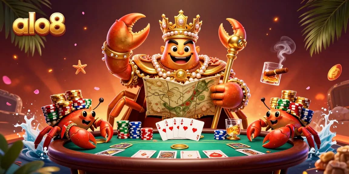Players enjoy engaging games at alo8, illuminated by golden crab emperor holding treasure.