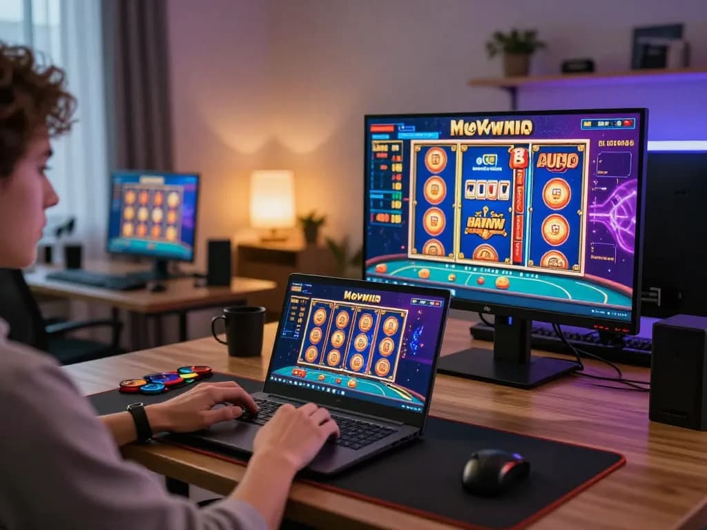 Playing vvvwin online casino game on a laptop in a cozy home office setting