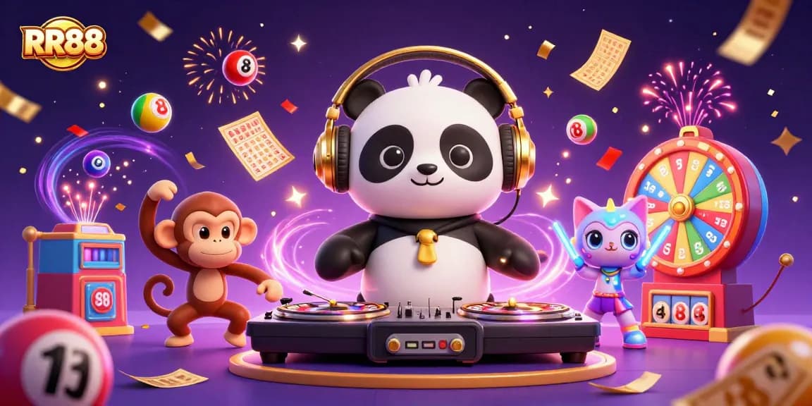 Experience the thrill of RR88 with a DJ panda, lively monkey, and glow-stick kitten celebrating at the casino.