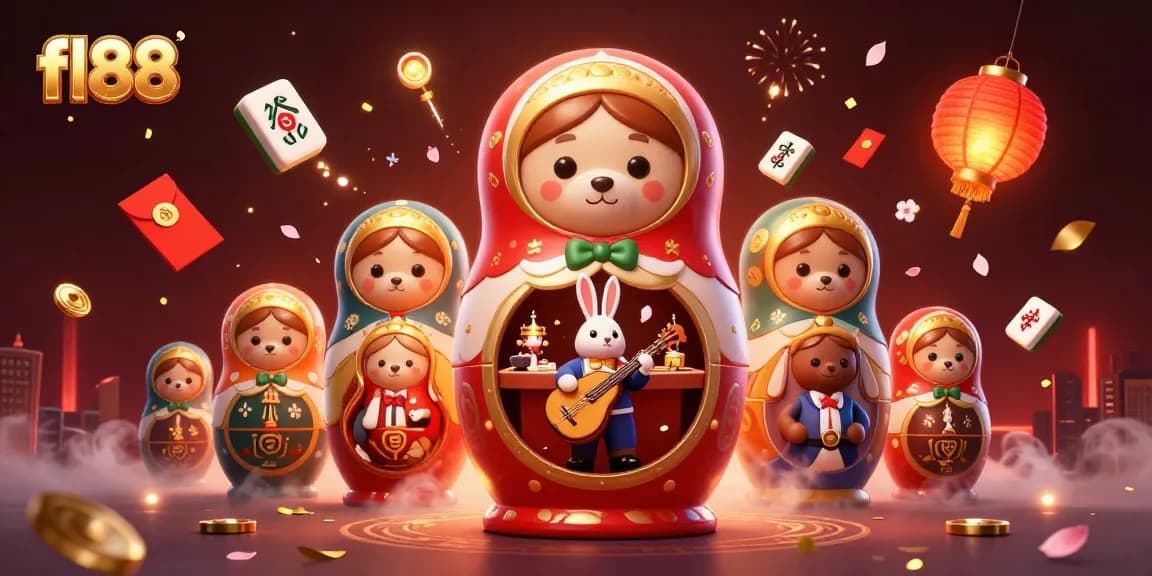 fl88 gaming scene showcasing a vibrant 3D cartoon casino with bears and lanterns