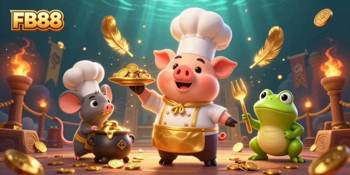 Experience FB88 with a lively scene featuring a chef pig serving gold coins amidst dynamic casino elements.
