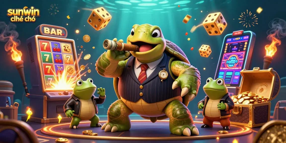 Experience the thrills of sunwin chính chủ with a vibrant 3D casino scene featuring a snapping turtle and bullfrog enforcers.