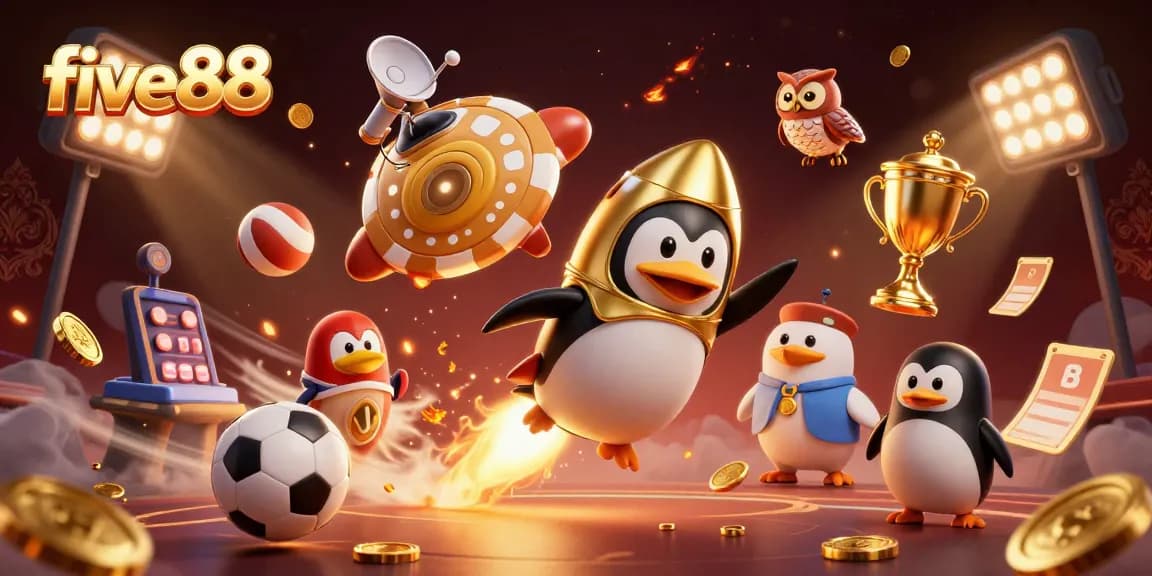 Experience winning at five88 with a vibrant, dynamic casino-themed 3D illustration.