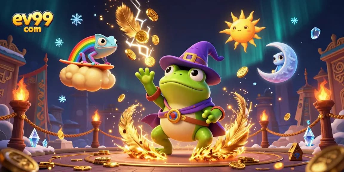 Engage with ev99 com's dynamic gaming world featuring magical characters amid golden coins.