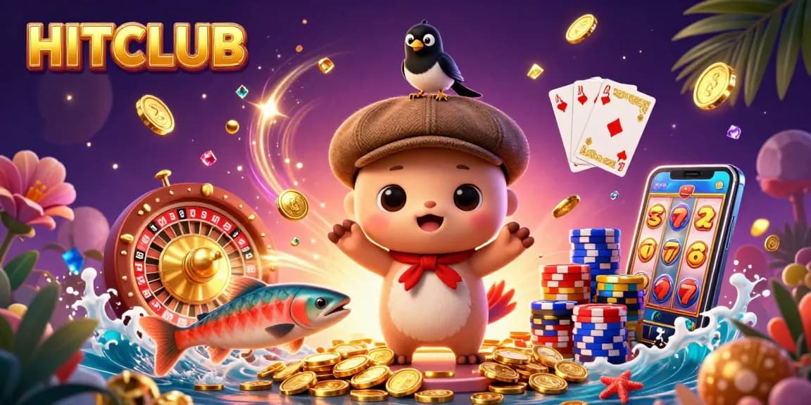 Experience exciting gaming at HITCLUB with a playful Nessie surrounded by vibrant casino elements.