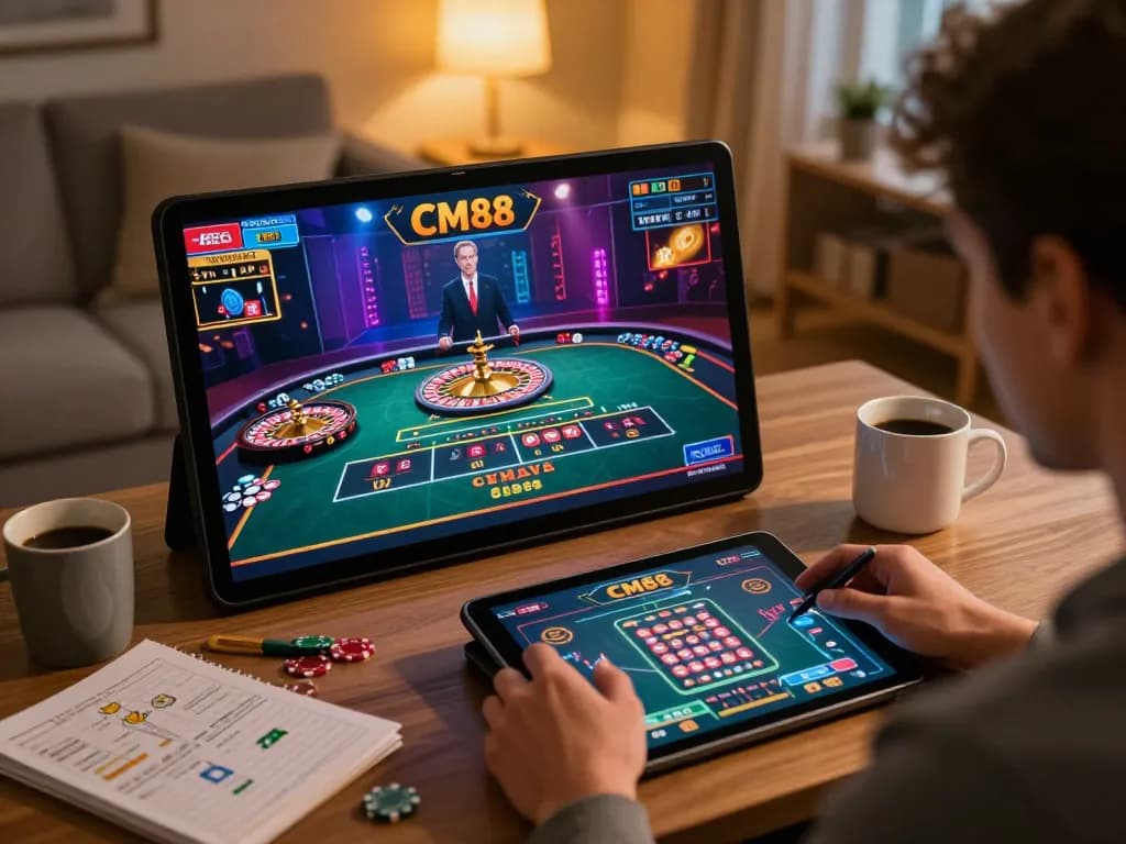 CM88 player strategizing online roulette game in warm home setting