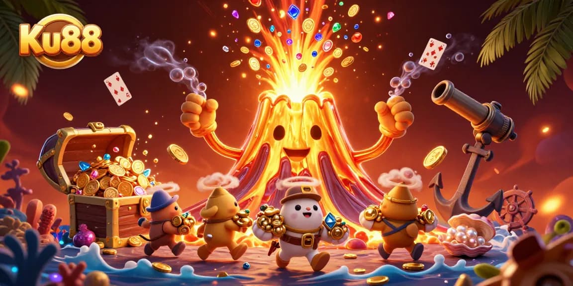 Experience the thrill of Ku88 with a vibrant 3D illustration of a volcano erupting coins and treasures.