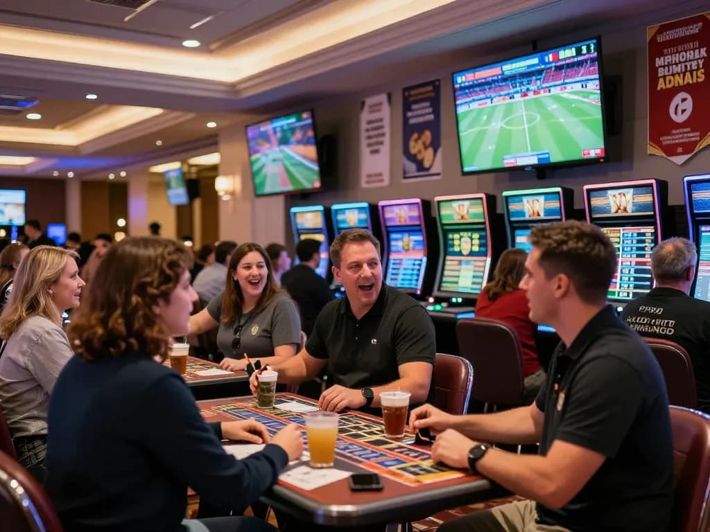 Dynamic sports betting action at hit-club casino with enthusiastic bettors around high-stakes screens.