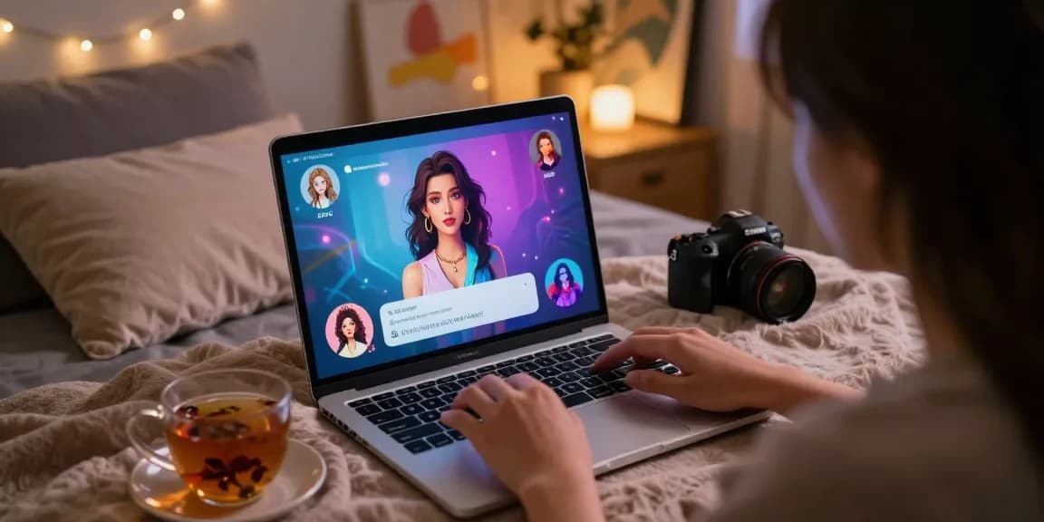 Engaging ai sex chat on a laptop with cozy decor and warm lighting.