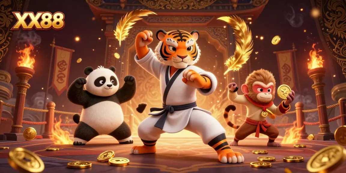 Engage in thrilling wins at XX88 with 3D characters showcasing martial arts in a vibrant casino backdrop.