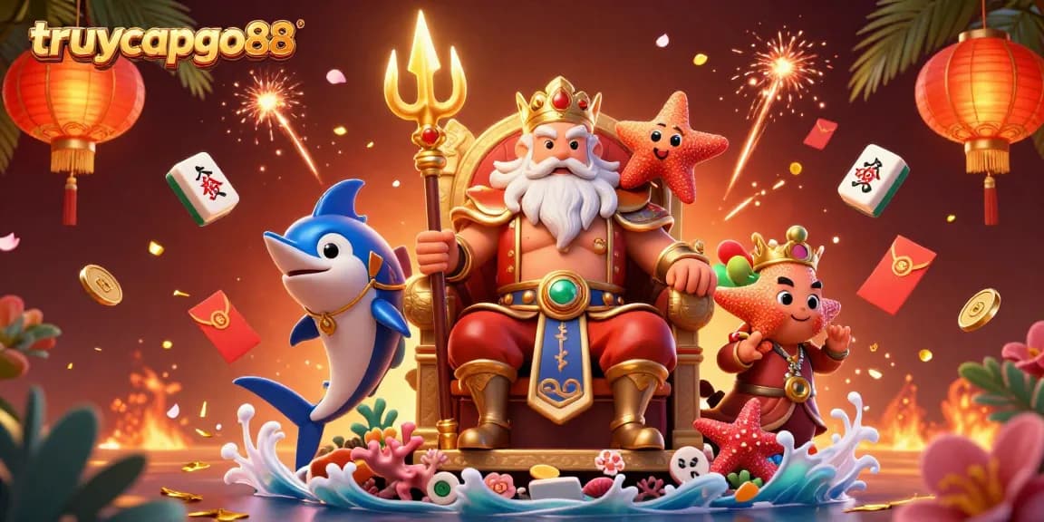 Play and win big with truycapgo88 in a vibrant 3D casino scene featuring Neptune and lucky symbols.
