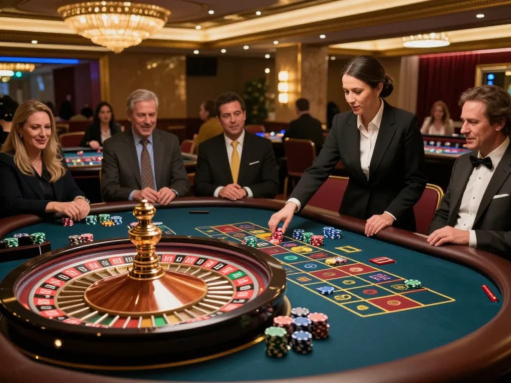 Engaged players at U888's exciting roulette table, vibrant gaming atmosphere in full swing