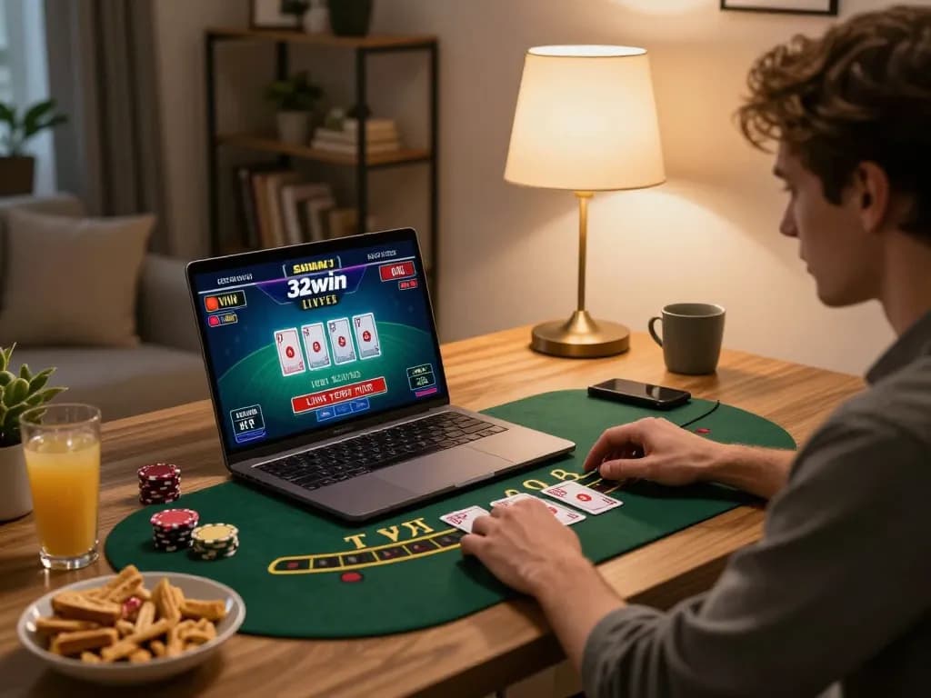 Player enjoying a dynamic blackjack game on 32win's online platform, showcasing strategic gameplay.