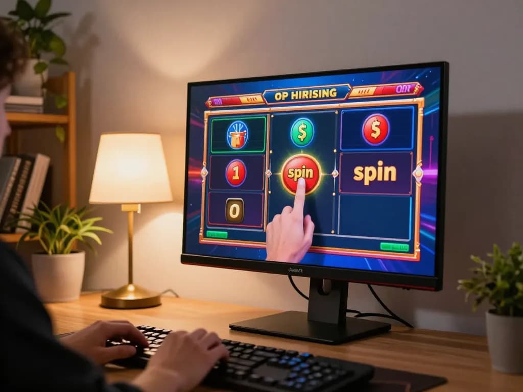Pengalaman permainan Gacor pada pengaturan gaming di rumah, grafis slot yang cerah dan tangan pemain siap untuk memutar.