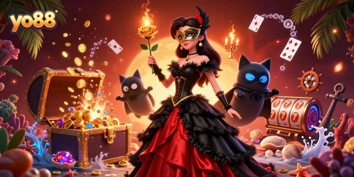 Spin to win on yo88 with a glamorous lady and her masked cat companion amidst treasures and casino elements.