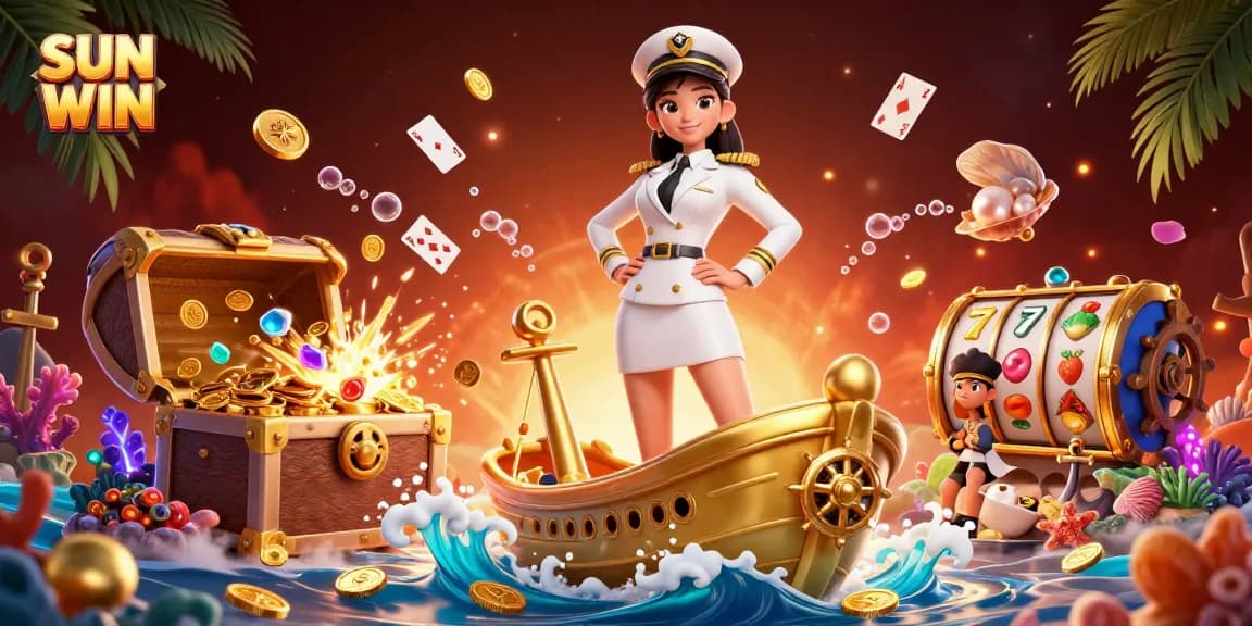 SUN WIN showcases thrilling online gaming with a commanding female figure aboard a golden ship, surrounded by vibrant casino elements.