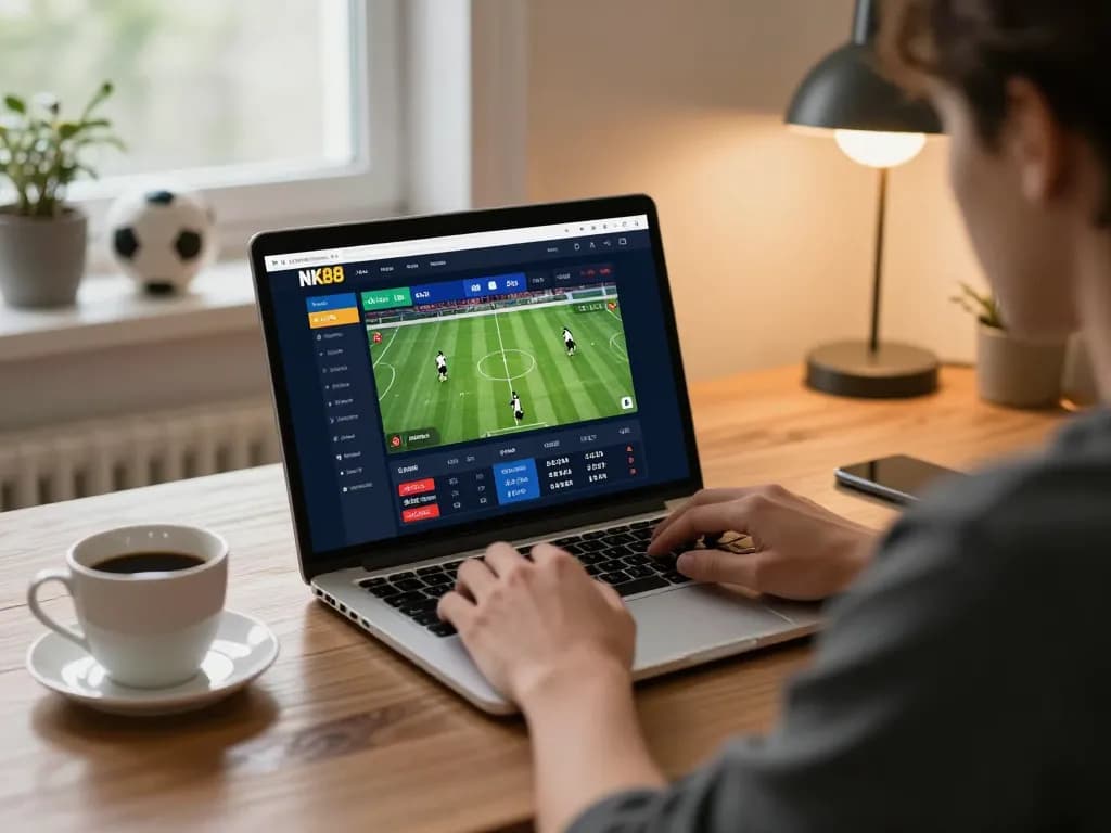 Engaging in sports betting on NK88 with live odds displayed on a laptop in a cozy home setting.