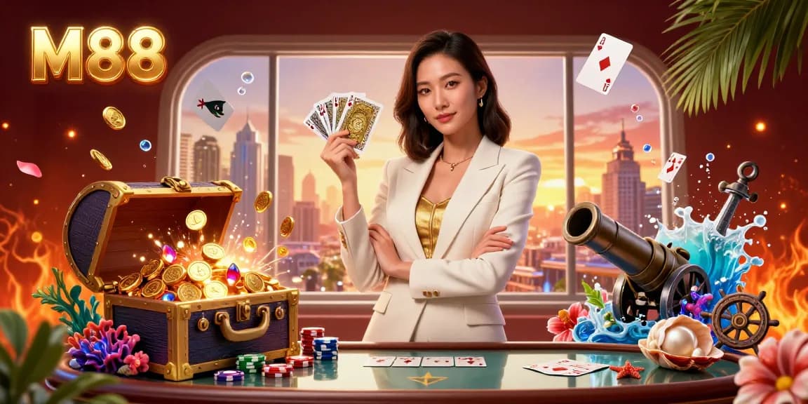 M88 casino scene featuring an elegant Asian woman with playing cards and vibrant casino elements.