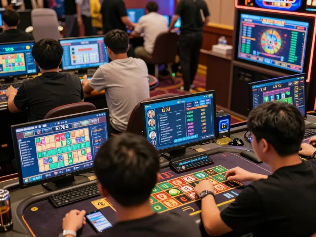 Players engaging in Tài Xỉu strategy using mobile devices, showcasing the dynamic online gaming atmosphere.