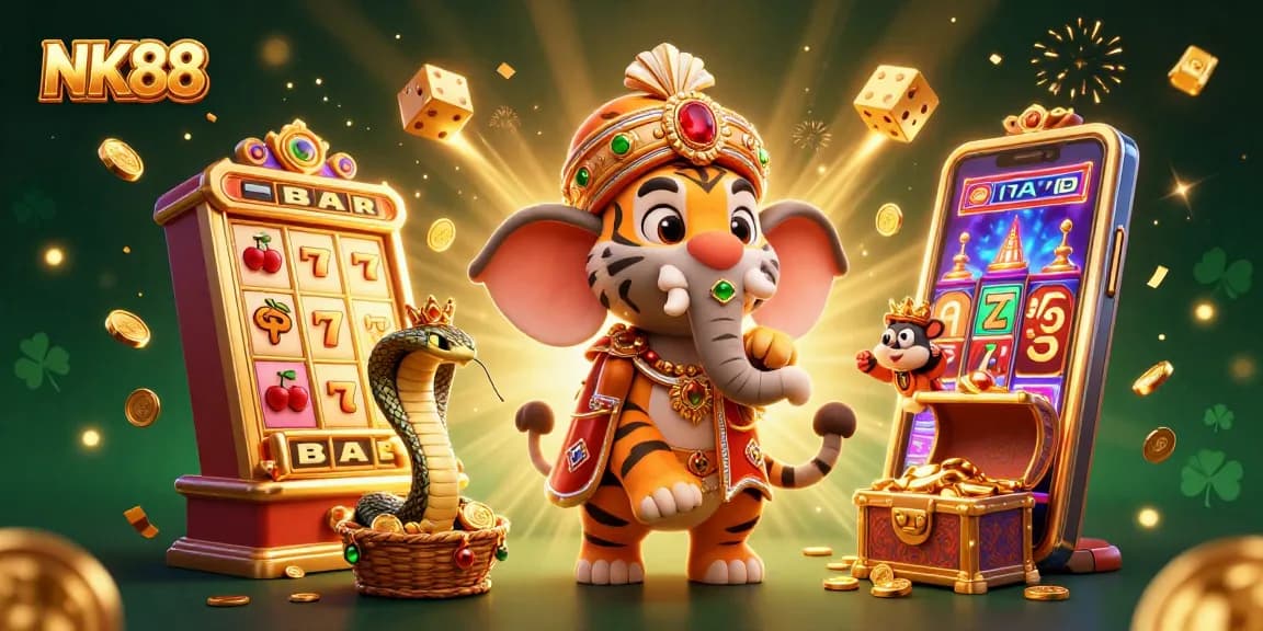 Experience thrilling wins at NK88 with a vibrant scene of jackpot excitement featuring an elephant and royal characters.