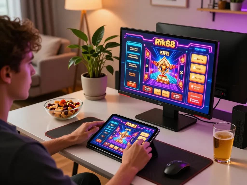 Engaging user playing Rik88 on a tablet for a dynamic online casino gaming experience