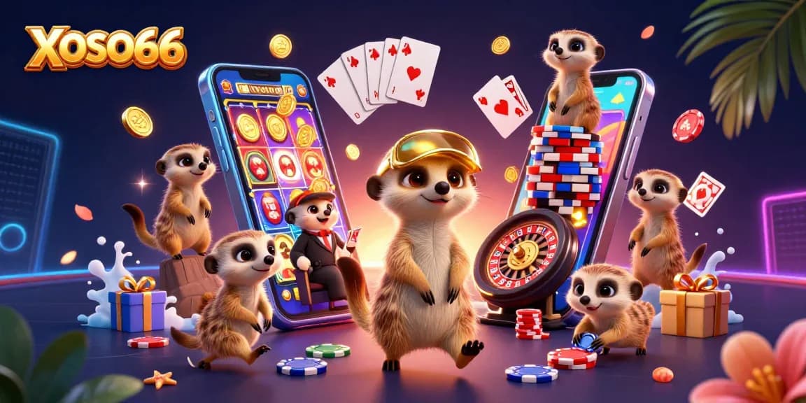 XOSO66 meerkats managing an exciting casino with vibrant visuals and dynamic gameplay elements.