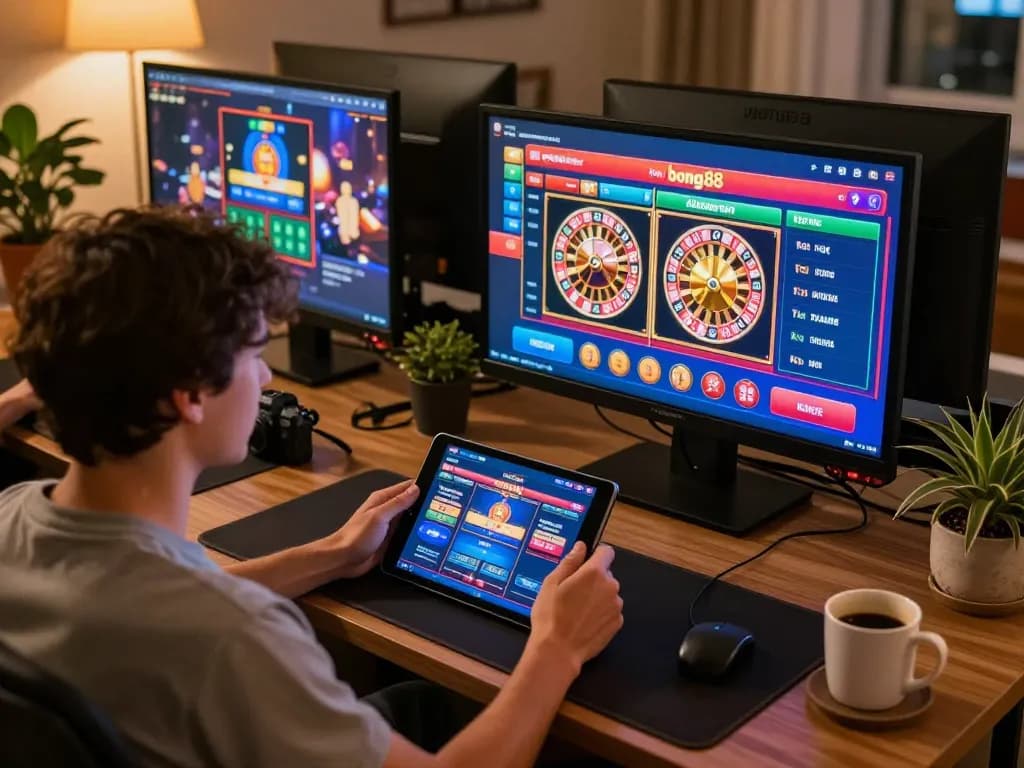 Bong88 online gaming experience with a user engaging in slot machines and roulette at home
