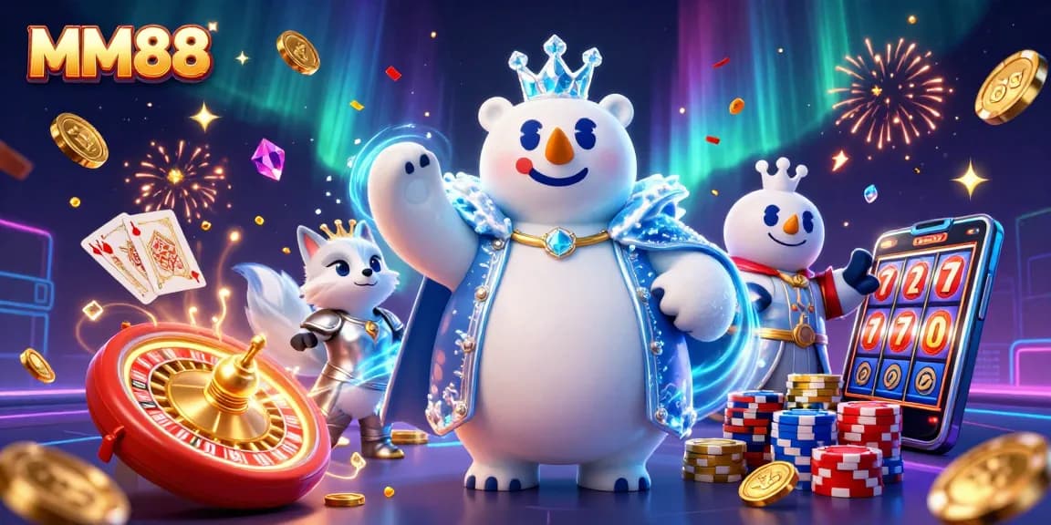 Experience the thrill of MM88 casino gaming with a vibrant 3D illustration of a polar bear and snow fox.