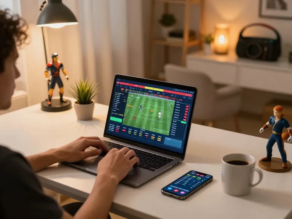 Person engaged in nhandinhkeonhacai online betting with laptop and smartphone setup.