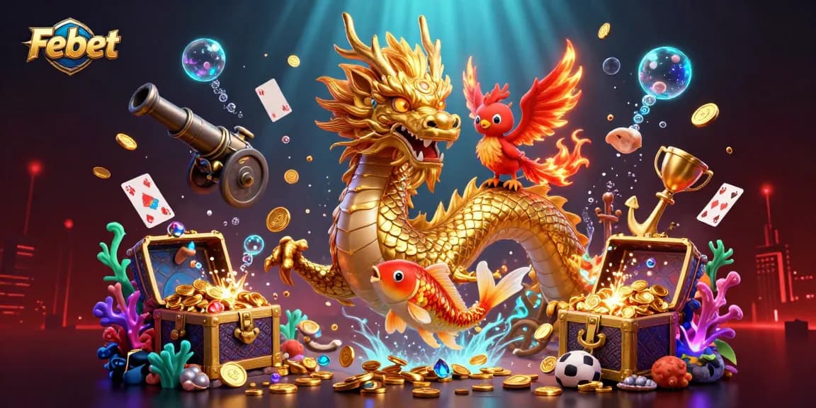 Experience thrilling action with Febet in a stunning 3D scene featuring dynamic gambling elements, dragons, and vibrant colors.