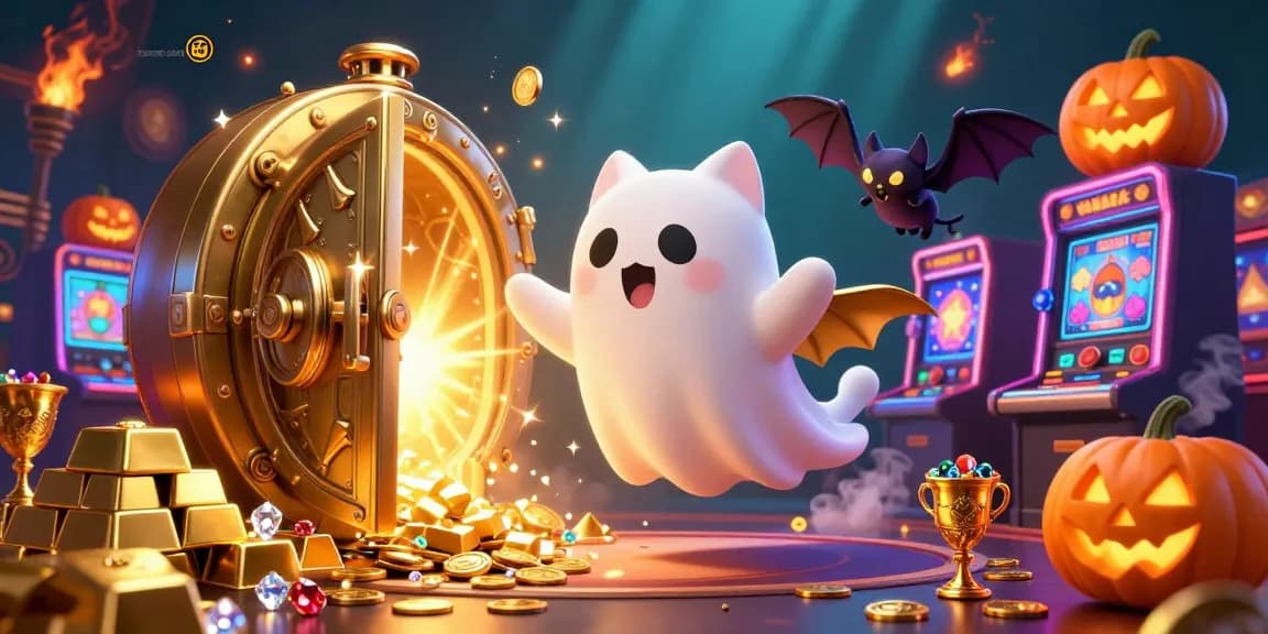 Experience the thrilling ambiance of bandar slot casino with a ghost cat and bat amidst dazzling treasures.