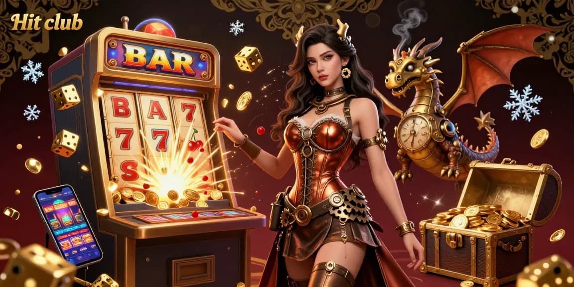 Experience the thrill of winning at Hit club with vibrant casino elements and dynamic 3D characters.