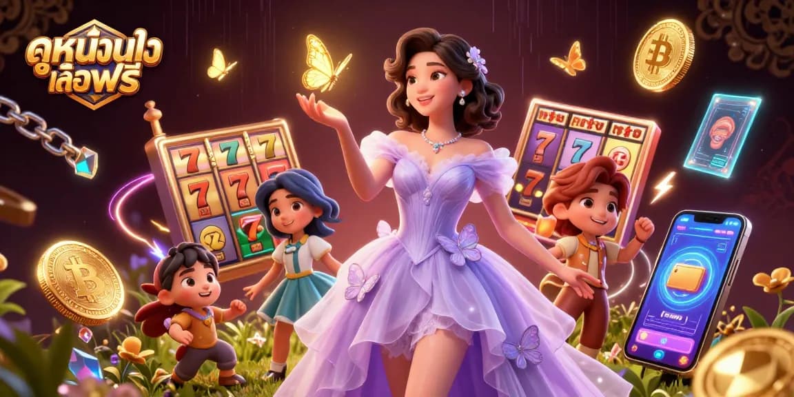 Experience ดูหนังออนไลน์ฟรี with an enchanting 3D scene featuring the allure of slots and vibrant golden elements.