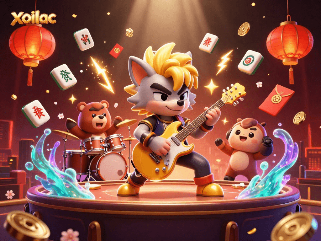 Xoilac offers thrilling gaming experiences, featuring vibrant 3D cartoon characters on a dynamic casino stage.