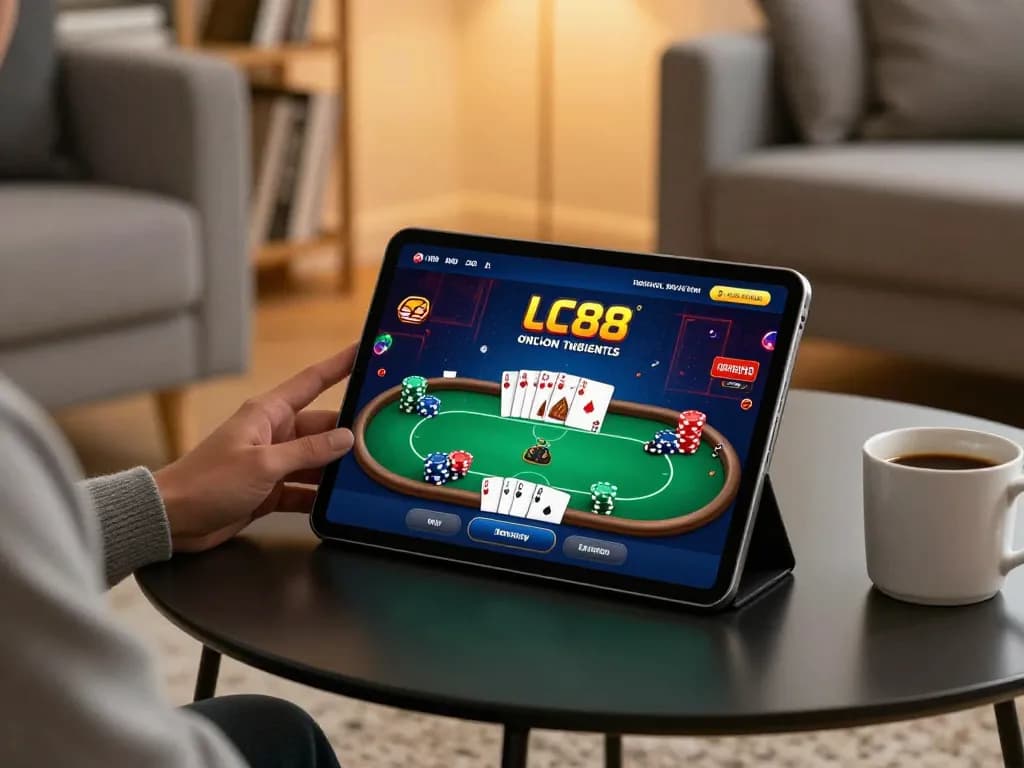 Engaging in LC88 online casino gameplay on a tablet in a cozy living room setting.