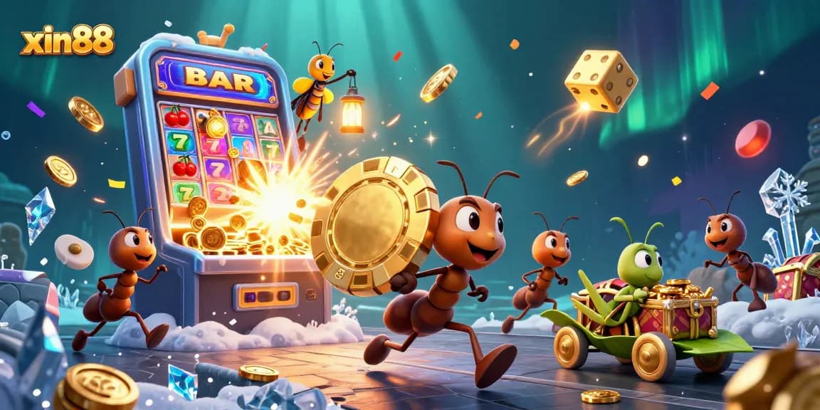 Experience the excitement of xin88 with cartoon ants heisting a giant poker chip.