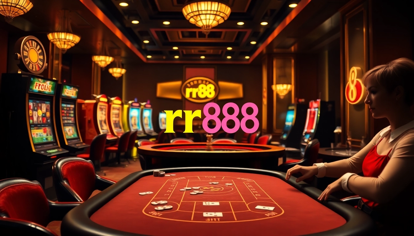 Players engaging at a luxurious poker table and slot machines at rr88 casino.