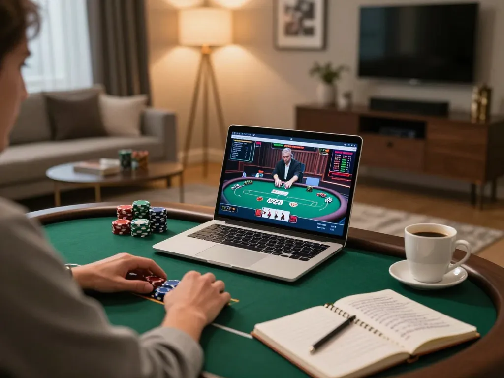 cm88 player engaged in high-stakes online poker, showcasing strategy notes and cozy ambience