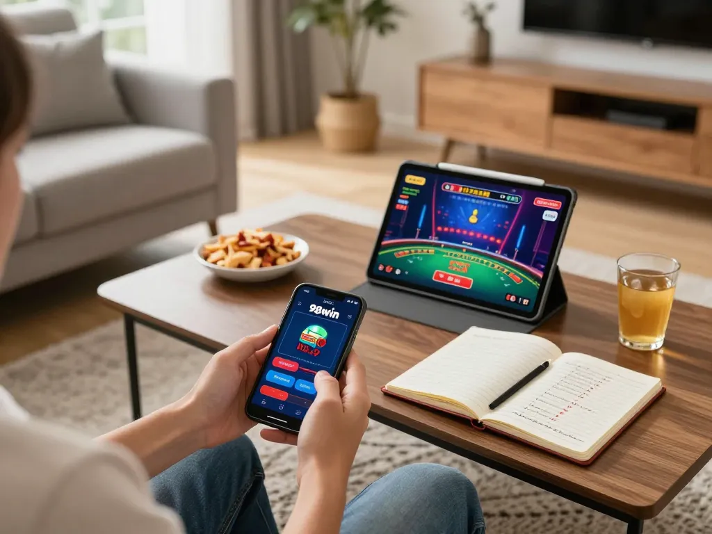 Player enjoying the 98win app on their smartphone at home, showcasing strategic online gaming.