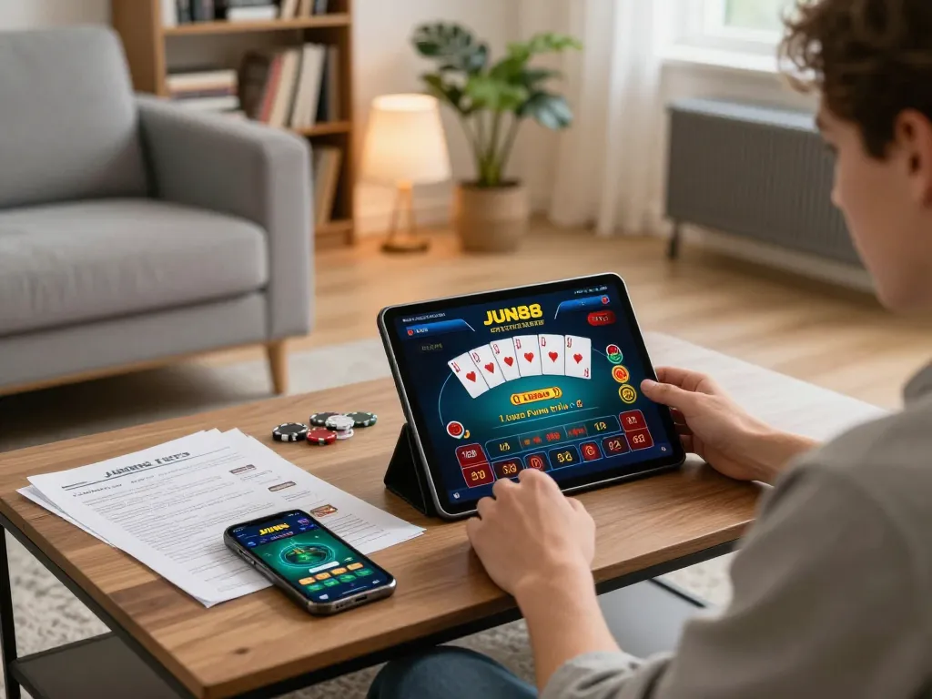 Engaging in online poker gameplay through JUN88 on a tablet in a cozy home setting.
