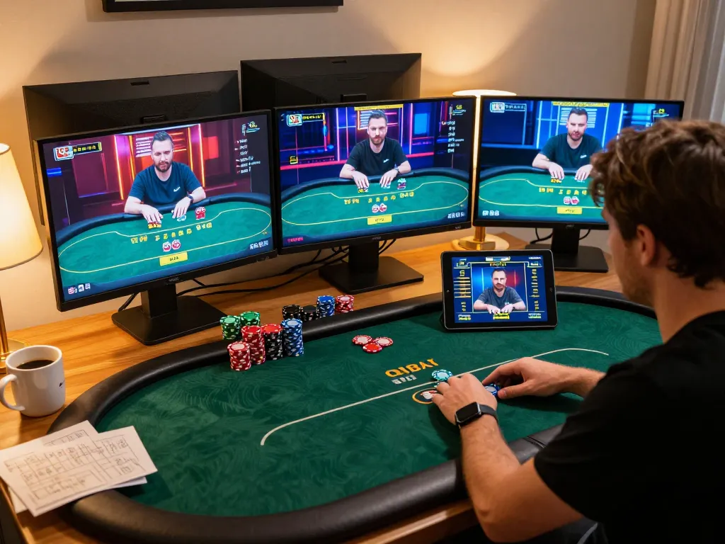 Player strategizing on CakhiaTV's online poker platform while enjoying comfortable home setting