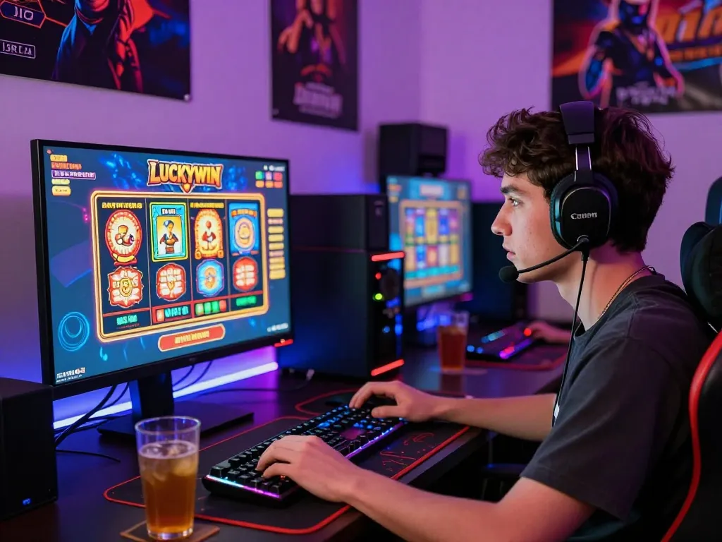 Excited player engaging with the Luckywin online casino platform, surrounded by vibrant gaming decor and equipment.