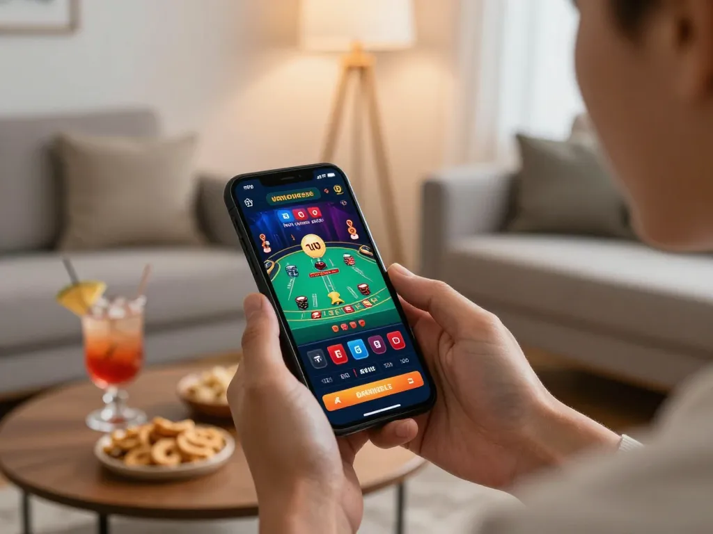 Player using TG88 smartphone app for live blackjack in cozy home setting
