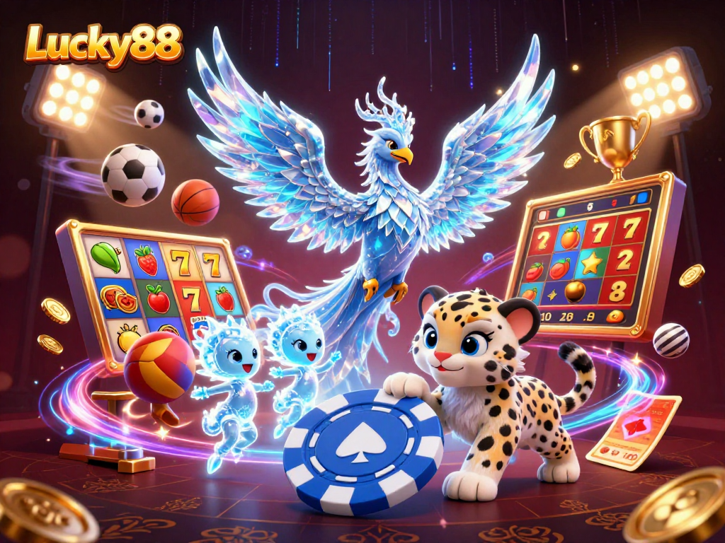Join exciting gameplay at Lucky88 with a vibrant 3D casino scene packed with colorful characters and dynamic elements.