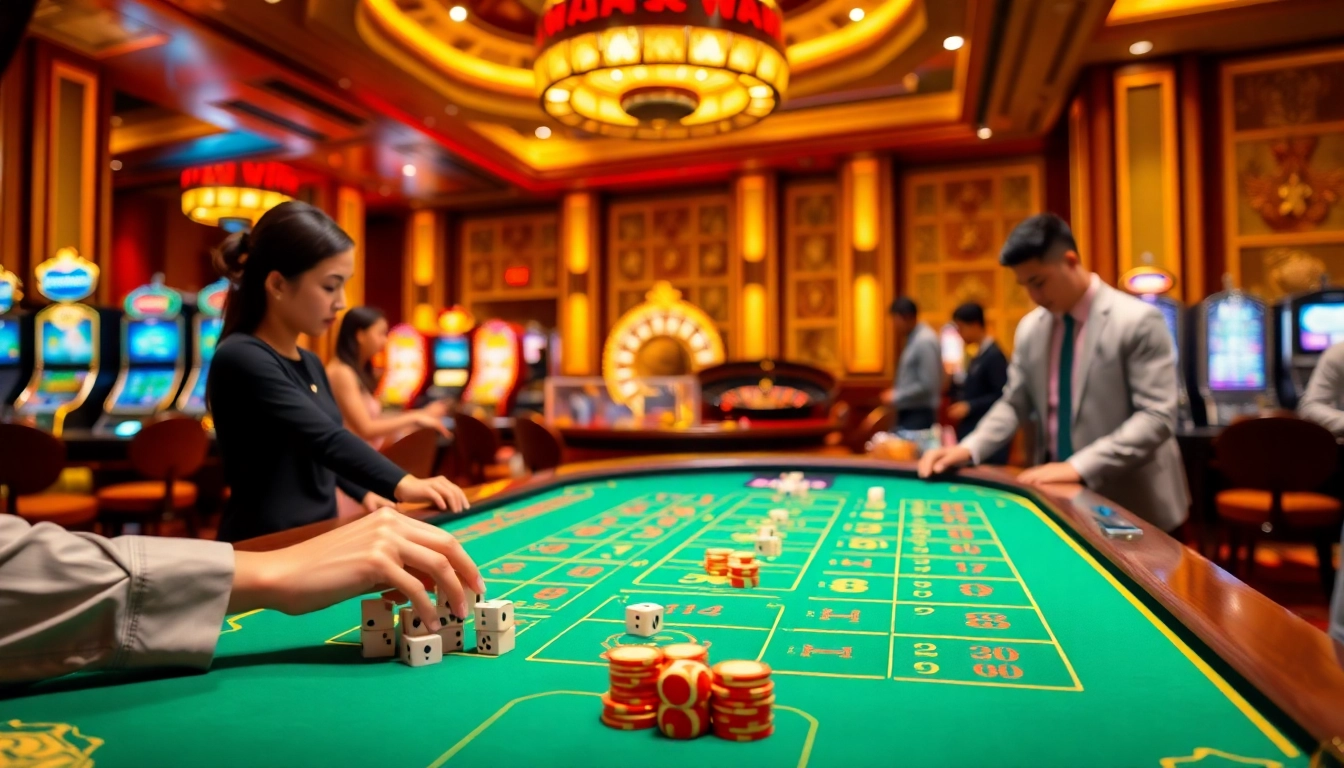 Tài Xỉu MD5 table in a luxurious casino setting, showcasing dealer interaction and vibrant atmosphere.